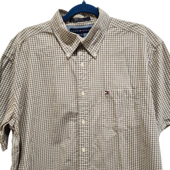 Tommy Hilfiger Men’s XL Brown White Plaid Check Short Sleeve Cotton Button Shirt - Picture 2 of 8